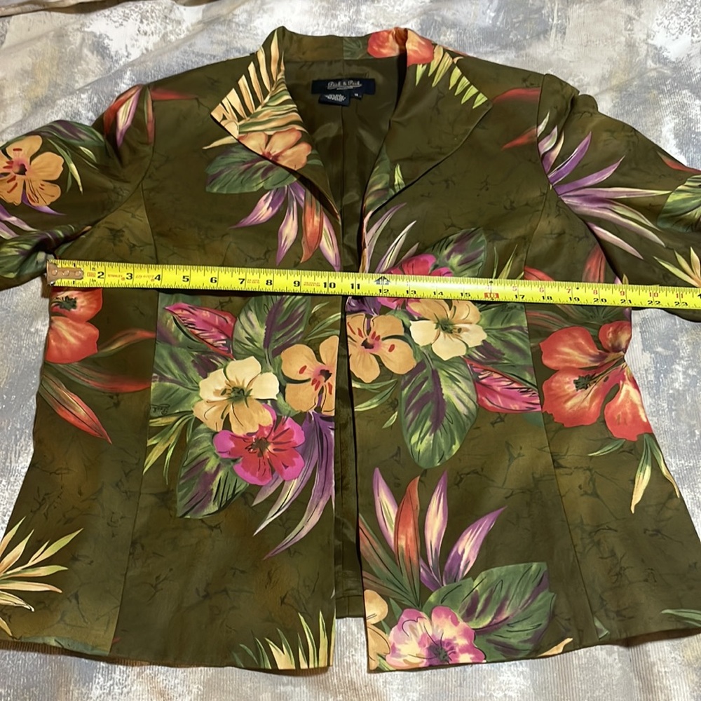 Peck & Peck Collection Women’s SZ 14 Floral Olive Open Front Silk Blend Blazer - Picture 10 of 13